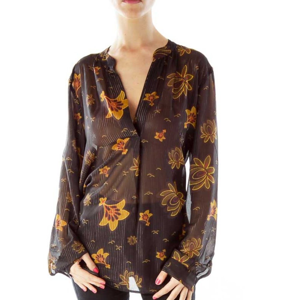 Ann Taylor LOFT | Floral Metallic Shimmer Popover Blouse
